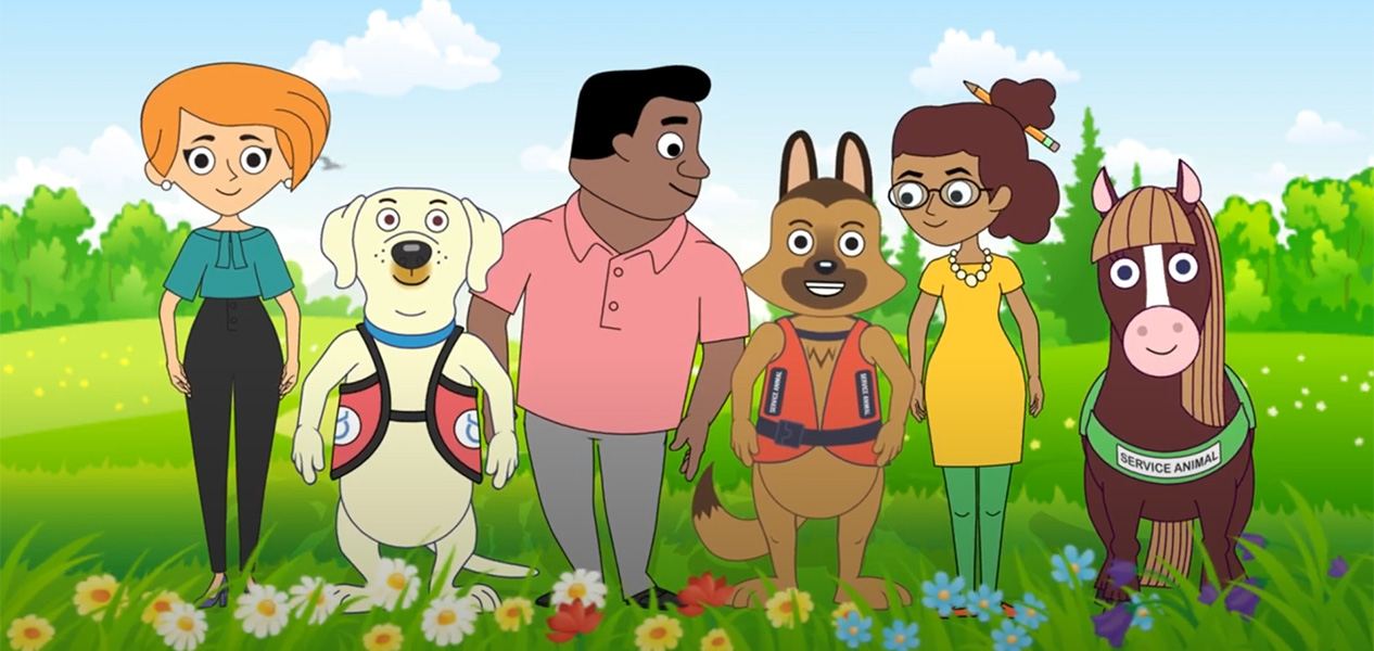 six cartoon characters stand side by side in a field under a blue sky